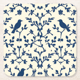 Klassiek Navy Blauwe Vogel Damast Toile Silhouet Vierkante Kartonnen Onderzetter