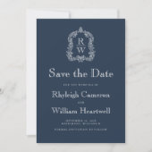 Klassiek Navy Blue Monogram Crest Script Save The Date (Voorkant)