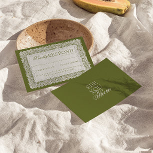 Klassiek olijfgroen kanten kleedje oude geld bruil RSVP kaartje
