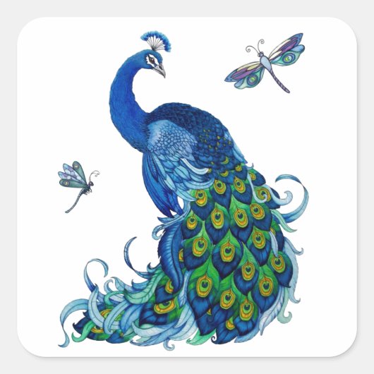 Klassiek ontwerp voor pacock en dragonfly vierkante sticker (Voorkant)
