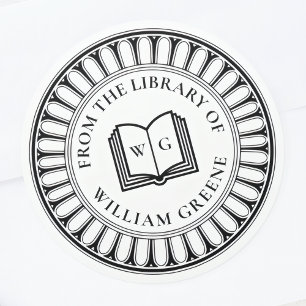 Klassiek Open Boek Monogram Ex Libris Boekplaat Ronde Sticker