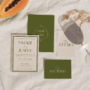 Klassiek Oud Geld Olijfgroen Luxe Retro Bruiloft Kaart