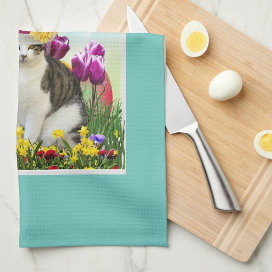 Klassiek paasontwerp met kat in een Pet-feestdag Theedoek (Quarter Fold)