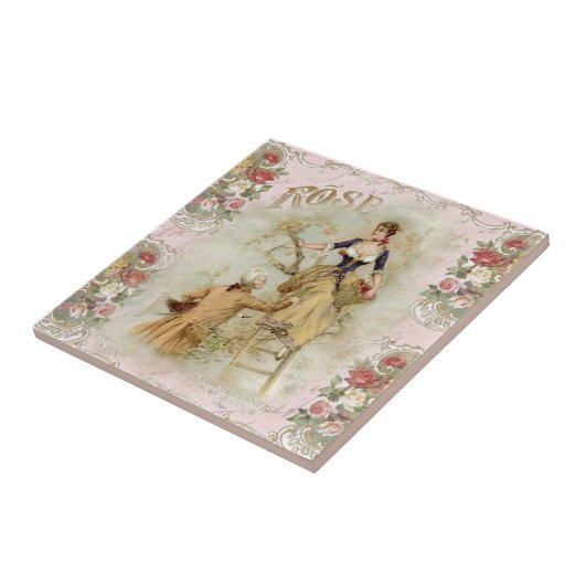 Klassiek Parijs Koppel Plukt Fruit Roze decoupage Tegeltje (Zijkant)