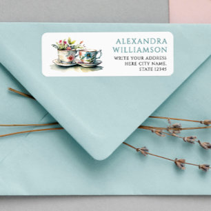 Klassiek Pastelblauw Thee Waterverf Naam Adres Etiket