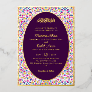 Klassiek Pr Plum Paars Goud Accenten Moslim Bruilo Folie Uitnodiging