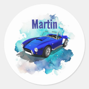 Klassiek Retro Blauwe Sportauto Verjaardagsavontuu Ronde Sticker