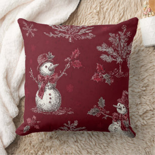 Klassiek rode toile kerstbotanica - Sneeuwman Kussen