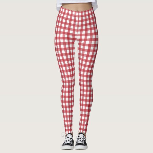 Klassiek Rood en Wit Gingham Plaid Patterned Leggings (Voorkant)