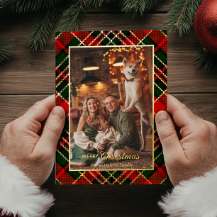 Klassiek rood, groen, goud kerst geruit 1-foto folie feestdagenkaart