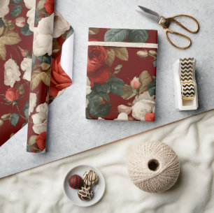 Klassiek rood roos wit bloemmotief cadeaupapier