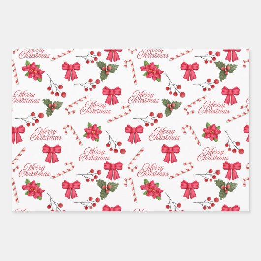 Klassiek rood wit vrolijk kerstbloesem lint inpakpapier vel (Voorkant 2)