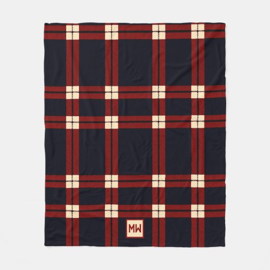 Klassiek rood, zwart en crème plaid monogram fleece deken (Voorkant)