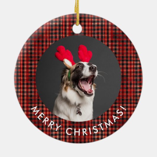 Klassiek Rood Zwart Geplakt Tartan Patroon Monogra Keramisch Ornament (Achterkant)