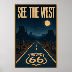 Klassiek Route 66 Woestijn Snelweg Nacht Landschap Poster