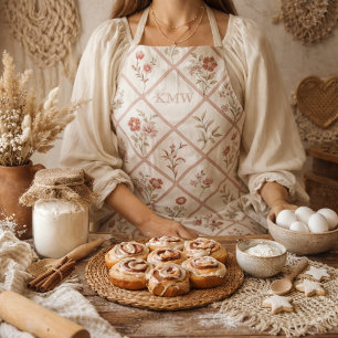 Klassiek roze bloemmotief met roosterpatroon en vi schort