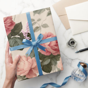 Klassiek Roze Roos Crème Bloemmotief Cadeaupapier