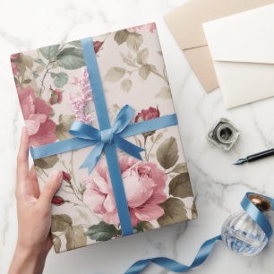 Klassiek Roze Roos Crème Bloempatroon Cadeaupapier