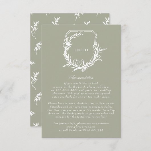 klassiek Sage Groen Wit bloemig kuif Informatiekaartje (Voorkant / Achterkant)