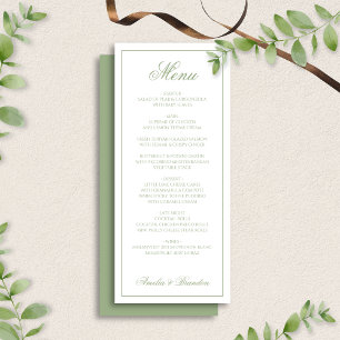 Klassiek Saliegroen & Witte Rand Script Bruiloft Menu