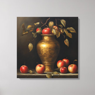 Klassiek schilderij gouden pot en rode appels canvas afdruk