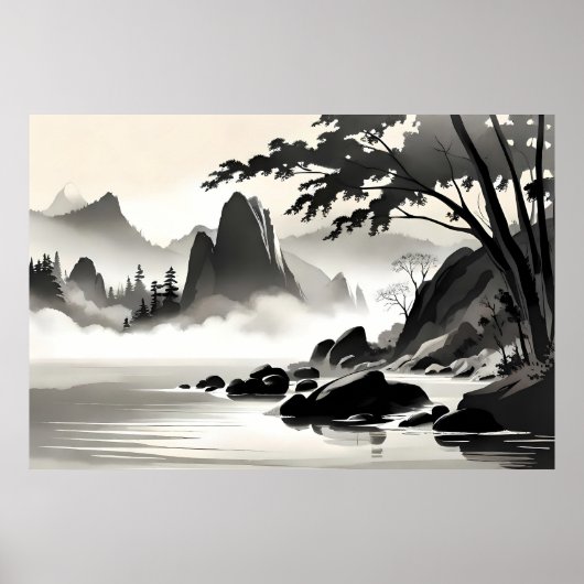 Klassiek schilderij landschap rotsachtige rivier z poster (Voorkant)