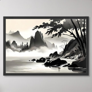 Klassiek schilderij landschap rotsachtige rivier z poster