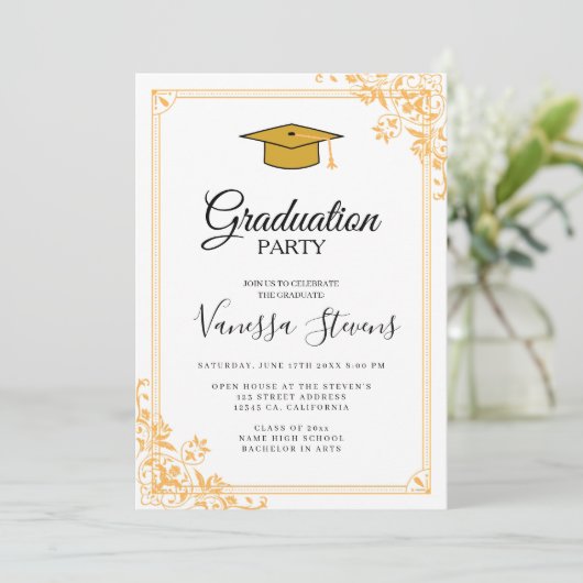 Klassiek script Gold Photo Afstuderen Invitation Kaart (Staand voorkant)