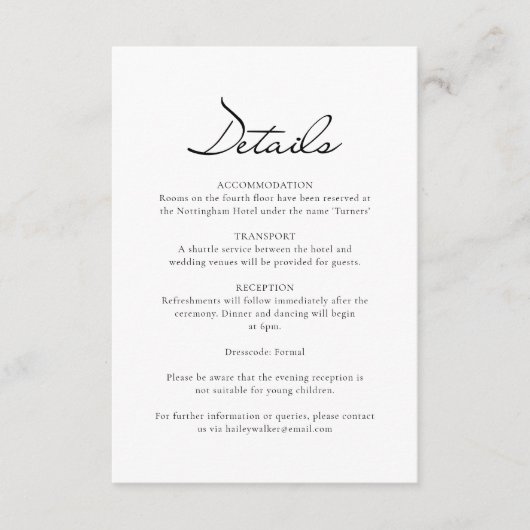 Klassiek script minimalistische witte bruiloft det informatiekaartje (Voorkant)