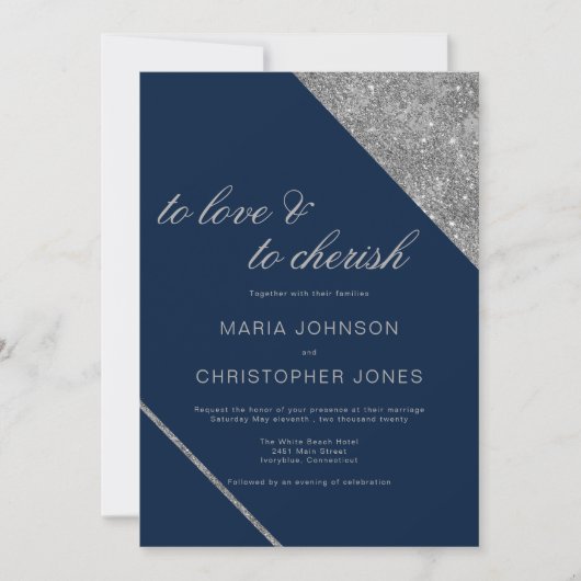 Klassiek script zilveren glitter marine blauwe bru kaart (Voorkant)