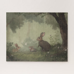 Klassiek Stijl Waterverf Konijnenfamilie In Bos Legpuzzel