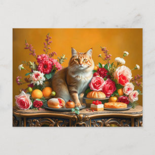 Klassiek Stilleven met Kat en Natuurlijke Overvloe Briefkaart