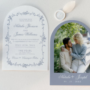 Klassiek Stof Blauw Bloem Boho Chic Gebogen Trouwf Kaart