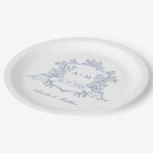 Klassiek Stof Blauw Bloemengratis Initialen Trouwf Papieren Bordje (Gekanteld)