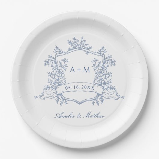 Klassiek Stof Blauw Bloemengratis Initialen Trouwf Papieren Bordje (Voorkant)