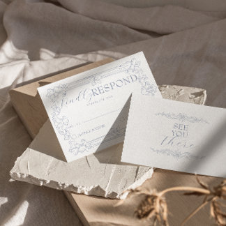 Klassiek Stofblauw Wit Oud Geld Retro Bruiloft RSVP Kaartje