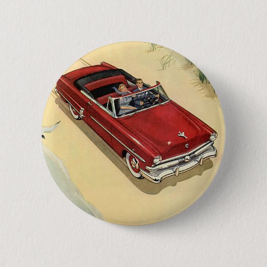 Klassiek Vervoer, Rode Cabriolet Strand Ronde Button 5,7 Cm (Voorkant)