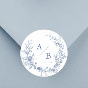 Klassiek Victoriaans Frans Blauw Trouwmonogram Ronde Sticker