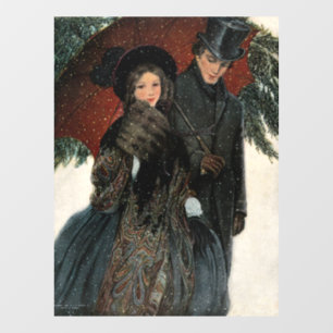 Klassiek Victoriaans Paar Wandelt in de Sneeuw Raamsticker