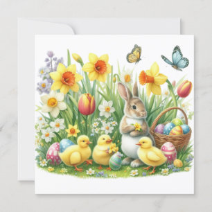 Klassiek/vintage lente konijn/kip feestdagenkaart
