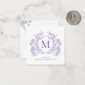 Klassiek Violet Floral Crest Monogram Notitiekaartje (Voorkant / Achterkant in situ)