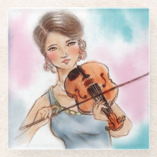 Klassiek Violin Lady Glass Onderzetter, kunst Glazen Onderzetter
