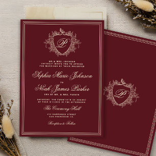 Klassiek wapen monogram bordeauxrood trouwen kaart