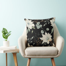 Klassiek wit bloemig botanisch op zwart kussen