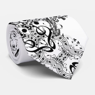 Klassiek wit Stropdas met Sax Player & Muzieknoten