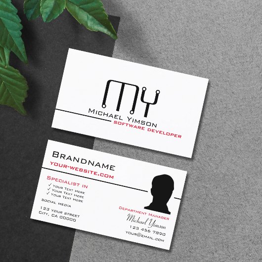 Klassiek wit zwart met monogram en foto modern visitekaartje
