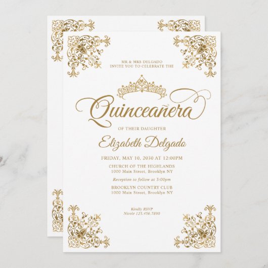 Klassiek witgoud Lijst Tiara Quinceanera Kaart (Voorkant / Achterkant)