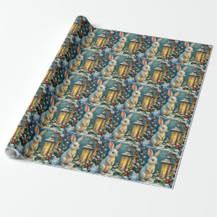 Klassiek Witte Konijn met Kerstlantaarn Cadeaupapier