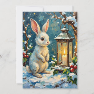 Klassiek witte konijn met kerstlantern feestdagenkaart