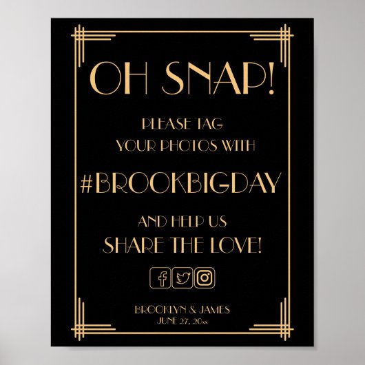 Klassiek zwart Art Deco Gatsby Hashtag bord 8x10 Poster (Voorkant)